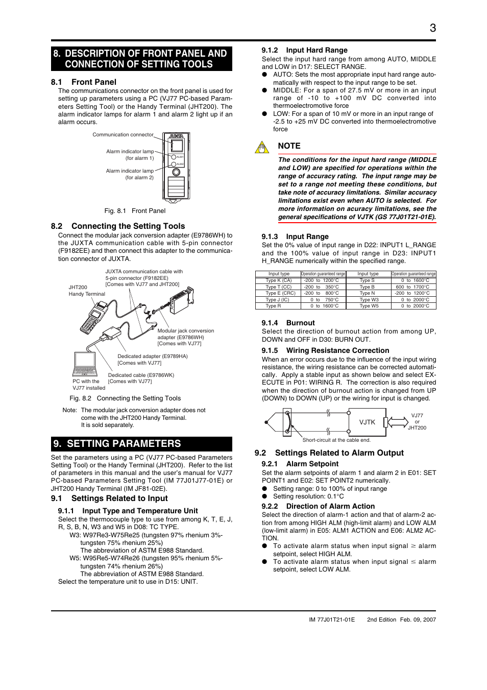 Setting parameters, 1 front panel, 2 connecting the setting tools | 1 settings related to input, 2 settings related to alarm output | Yokogawa JUXTA VJTK User Manual | Page 3 / 6