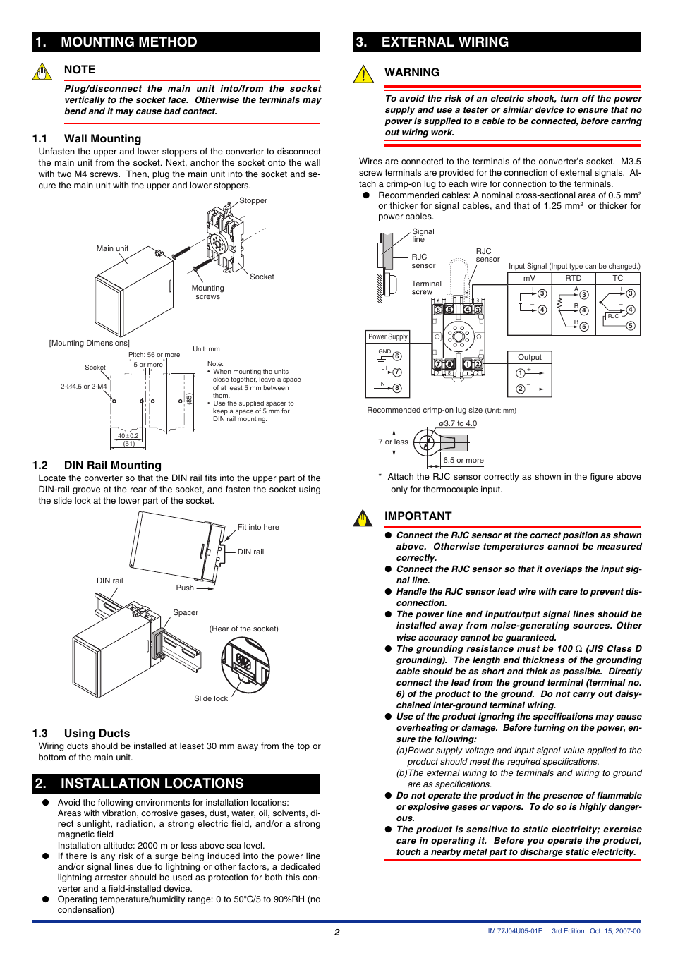 Mounting method, Installation locations, External wiring | 1 wall mounting, 2 din rail mounting, 3 using ducts, Warning, Important | Yokogawa JUXTA MU5 User Manual | Page 2 / 6