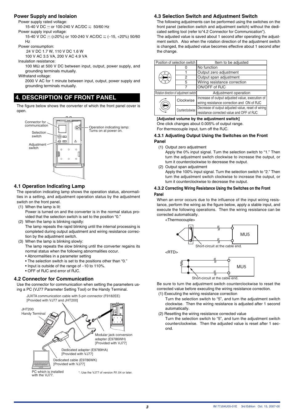 Description of front panel, Power supply and isolaion, 1 operation indicating lamp | 2 connector for communication, 3 selection switch and adjustment switch | Yokogawa JUXTA MU5 User Manual | Page 3 / 6