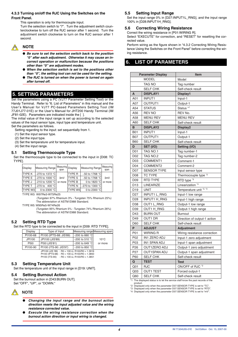 Setting parameters, List of parameters, 1 setting thermocouple type | 2 setting rtd type, 3 setting temperature unit, 4 setting burnout action, 5 setting input range, 6 correcting wiring resistance | Yokogawa JUXTA MU5 User Manual | Page 4 / 6
