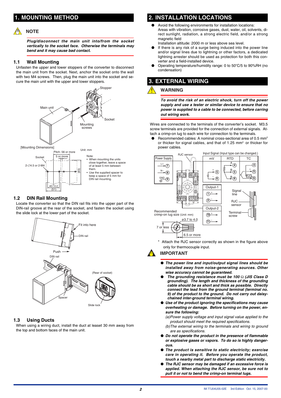 Mounting method, Installation locations, External wiring | 1 wall mounting, 2 din rail mounting, 3 using ducts, Warning, Important | Yokogawa JUXTA MU5D User Manual | Page 2 / 6