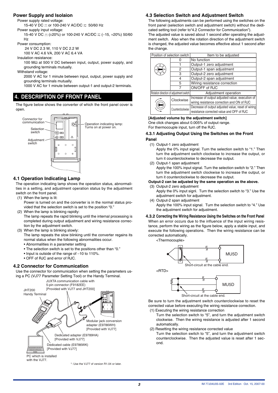 Description of front panel, Power supply and isolaion, 1 operation indicating lamp | 2 connector for communication, 3 selection switch and adjustment switch | Yokogawa JUXTA MU5D User Manual | Page 3 / 6