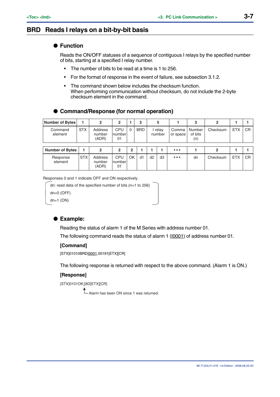 Brd reads i relays on a bit-by-bit basis, Function, Command/response (for normal operation) | Example | Yokogawa JUXTA M Series Digital Limit Alarms MVTK User Manual | Page 21 / 70