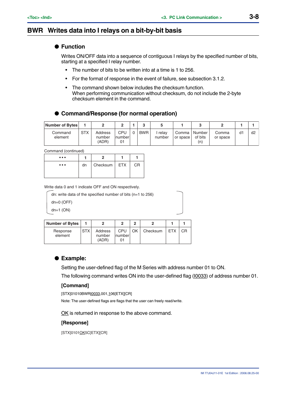 Function, Command/response (for normal operation), Example | Yokogawa JUXTA M Series Digital Limit Alarms MVTK User Manual | Page 22 / 70
