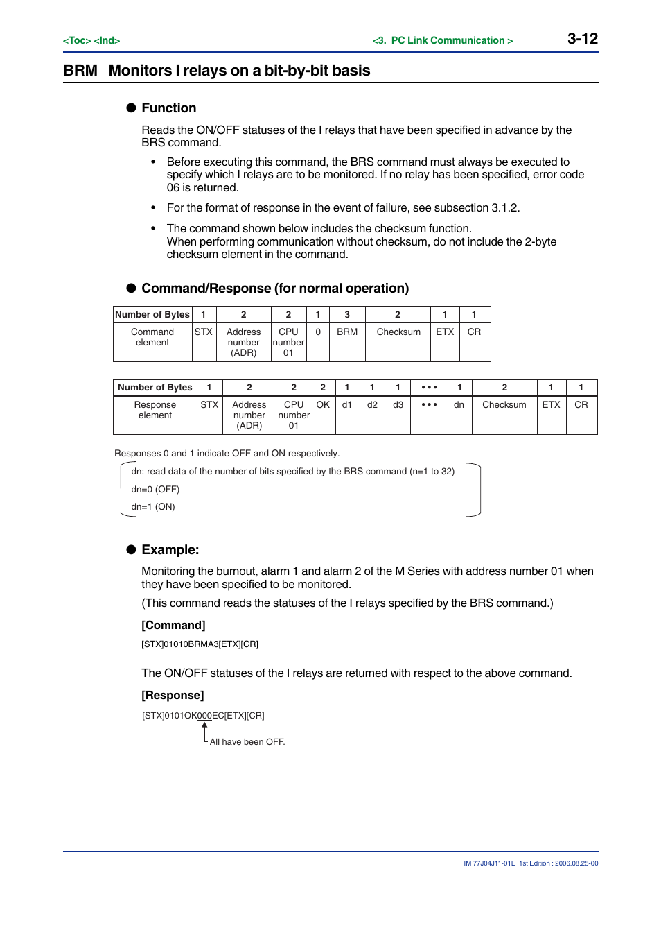 Brm monitors i relays on a bit-by-bit basis, Function, Command/response (for normal operation) | Example | Yokogawa JUXTA M Series Digital Limit Alarms MVTK User Manual | Page 26 / 70