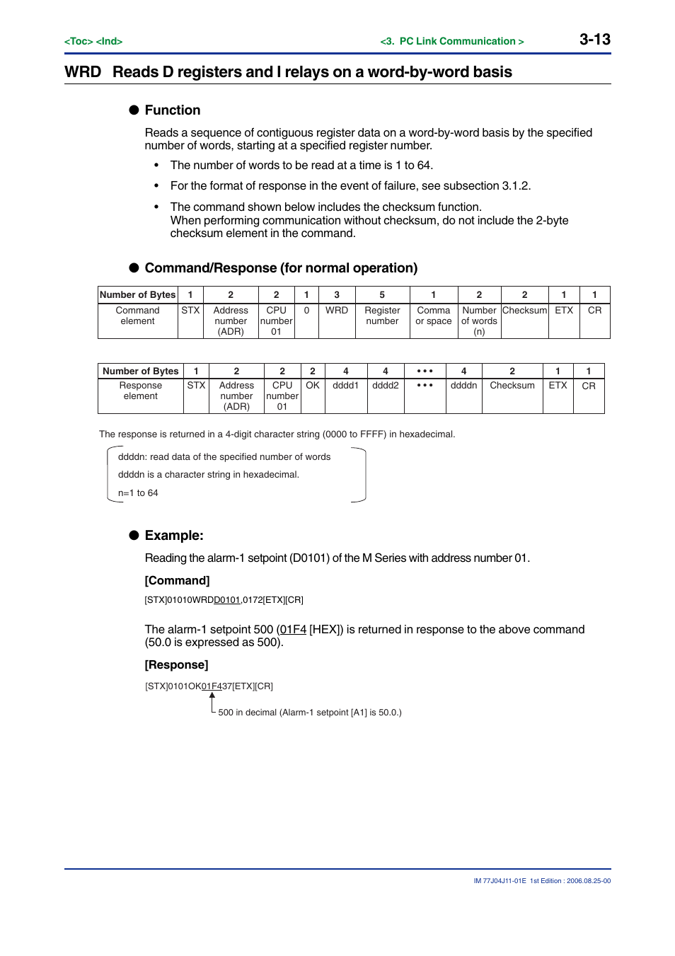 Function, Command/response (for normal operation), Example | Yokogawa JUXTA M Series Digital Limit Alarms MVTK User Manual | Page 27 / 70