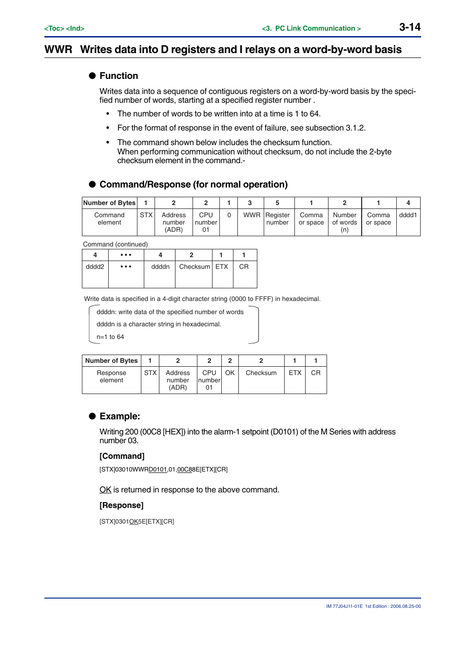 Function, Command/response (for normal operation), Example | Yokogawa JUXTA M Series Digital Limit Alarms MVTK User Manual | Page 28 / 70