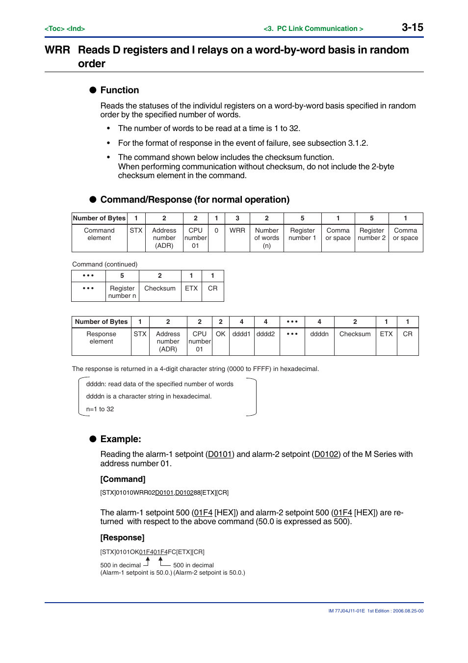 Function, Command/response (for normal operation), Example | Yokogawa JUXTA M Series Digital Limit Alarms MVTK User Manual | Page 29 / 70
