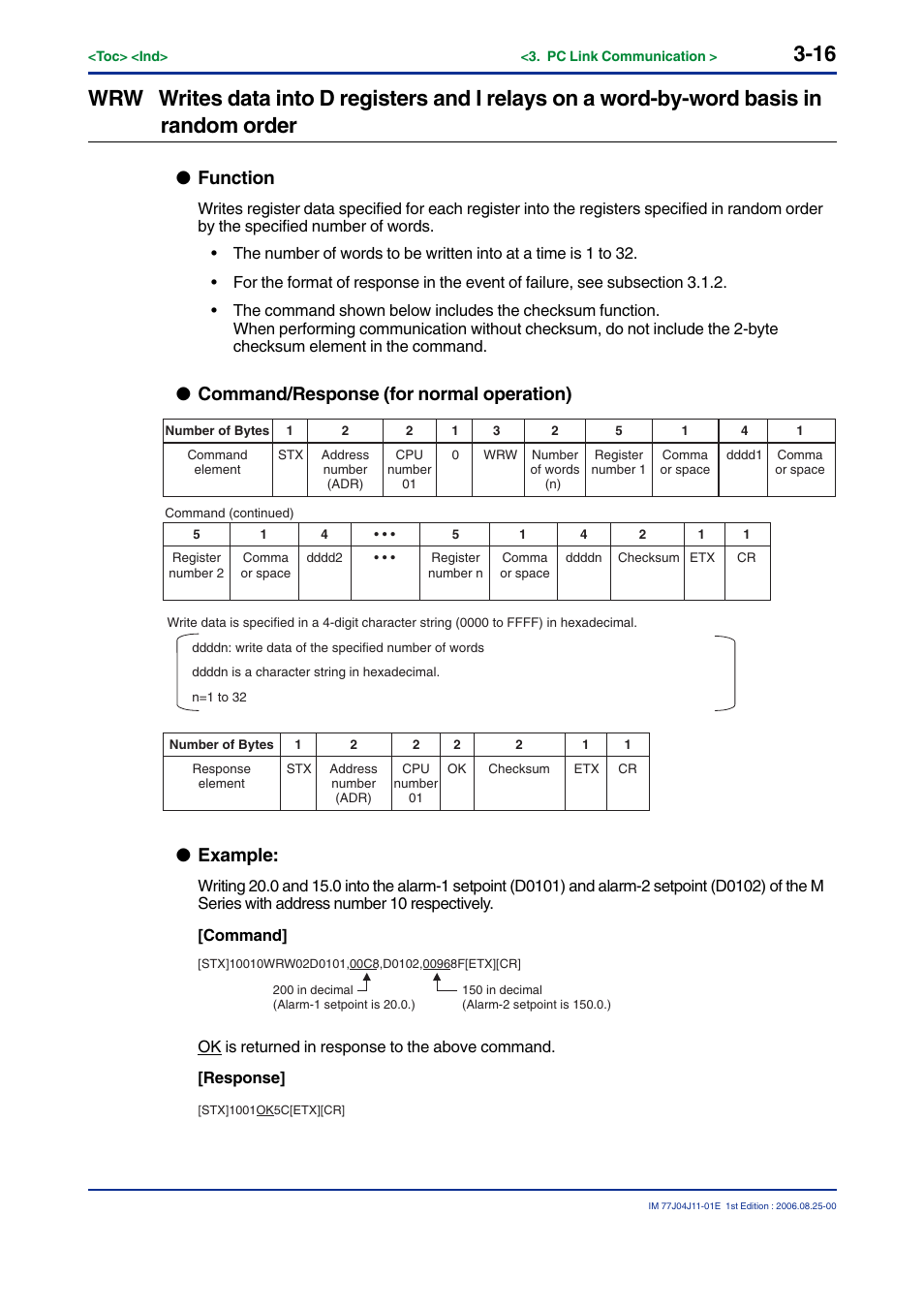Function, Command/response (for normal operation), Example | Yokogawa JUXTA M Series Digital Limit Alarms MVTK User Manual | Page 30 / 70