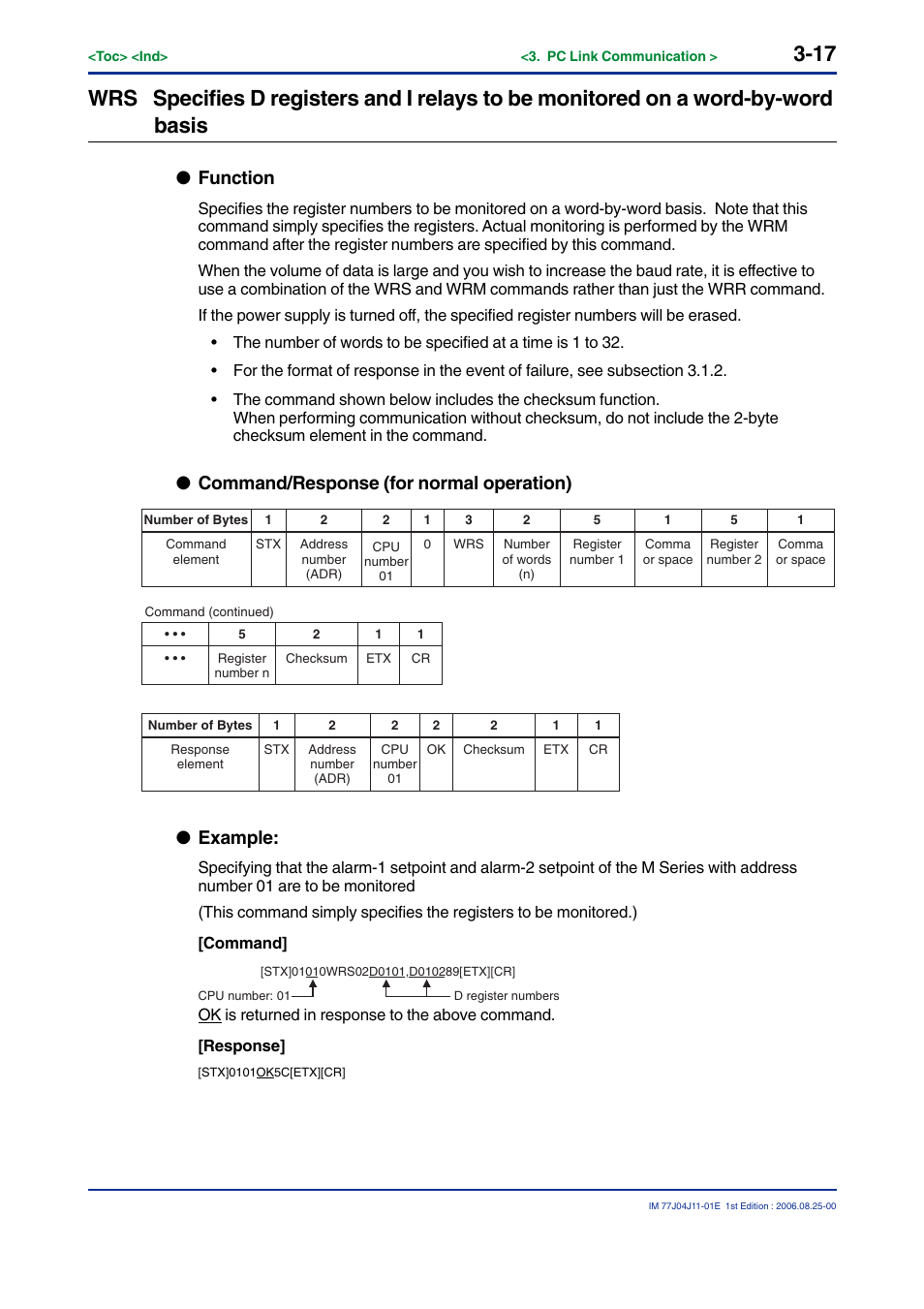 Function, Command/response (for normal operation), Example | Yokogawa JUXTA M Series Digital Limit Alarms MVTK User Manual | Page 31 / 70