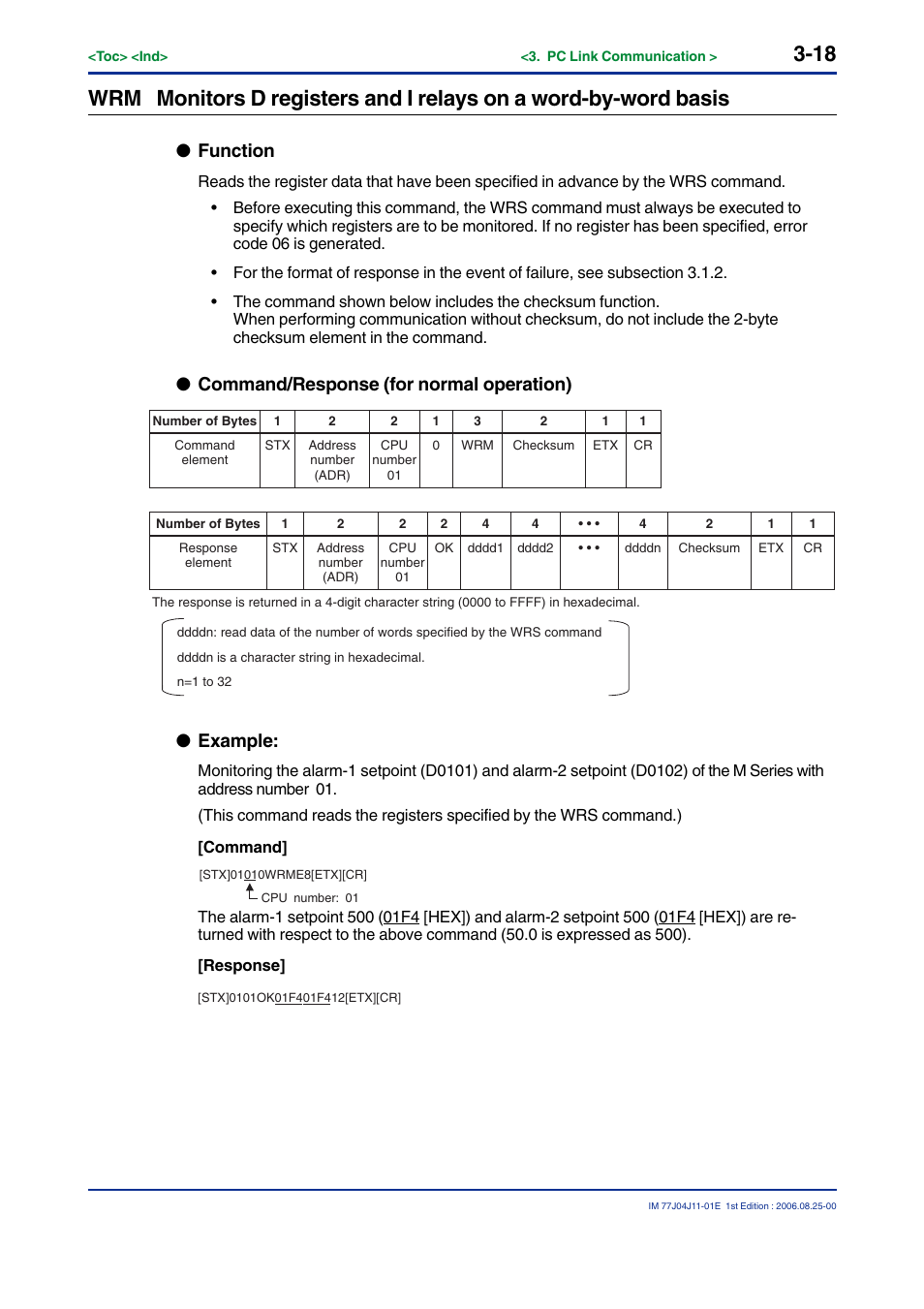 Function, Command/response (for normal operation), Example | Yokogawa JUXTA M Series Digital Limit Alarms MVTK User Manual | Page 32 / 70