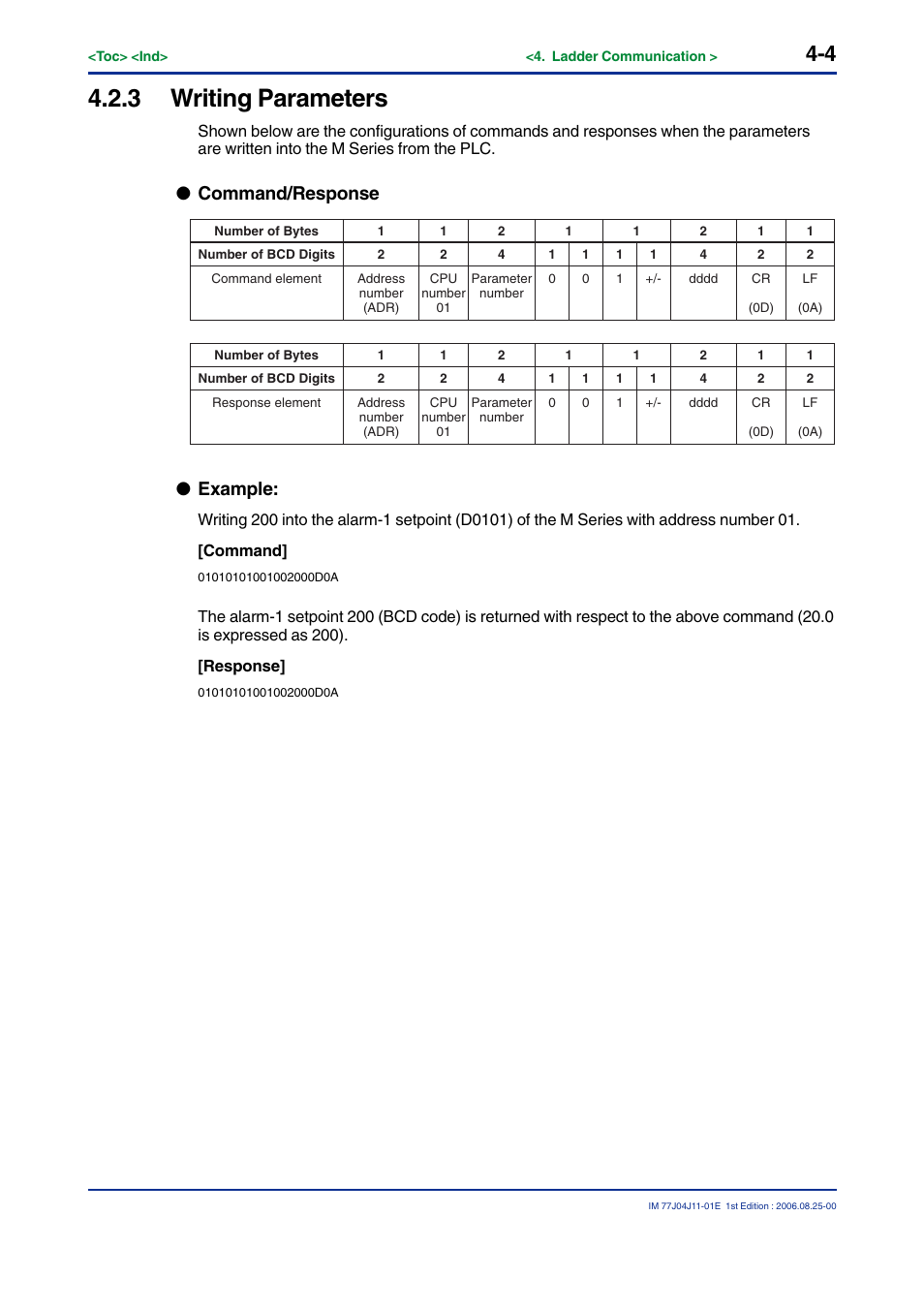 3 writing parameters, Command/response, Example | Yokogawa JUXTA M Series Digital Limit Alarms MVTK User Manual | Page 44 / 70