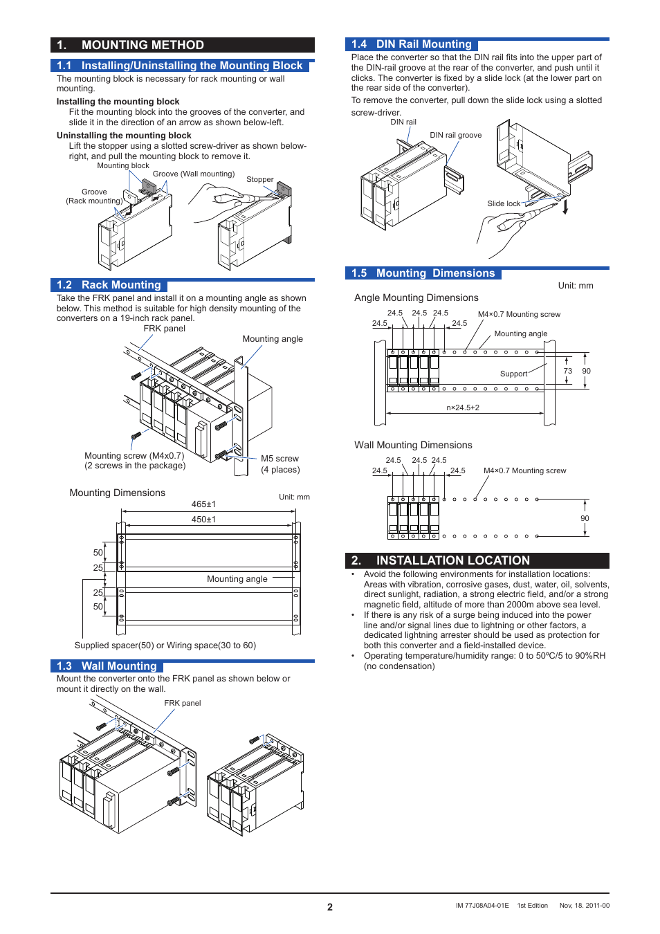 Mounting method, Installation location, 1 installing/uninstalling the mounting block | 2 rack mounting, 3 wall mounting, 4 din rail mounting, 5 mounting dimensions | Yokogawa JUXTA FA4V  Distributor (Non-isolated) User Manual | Page 2 / 3