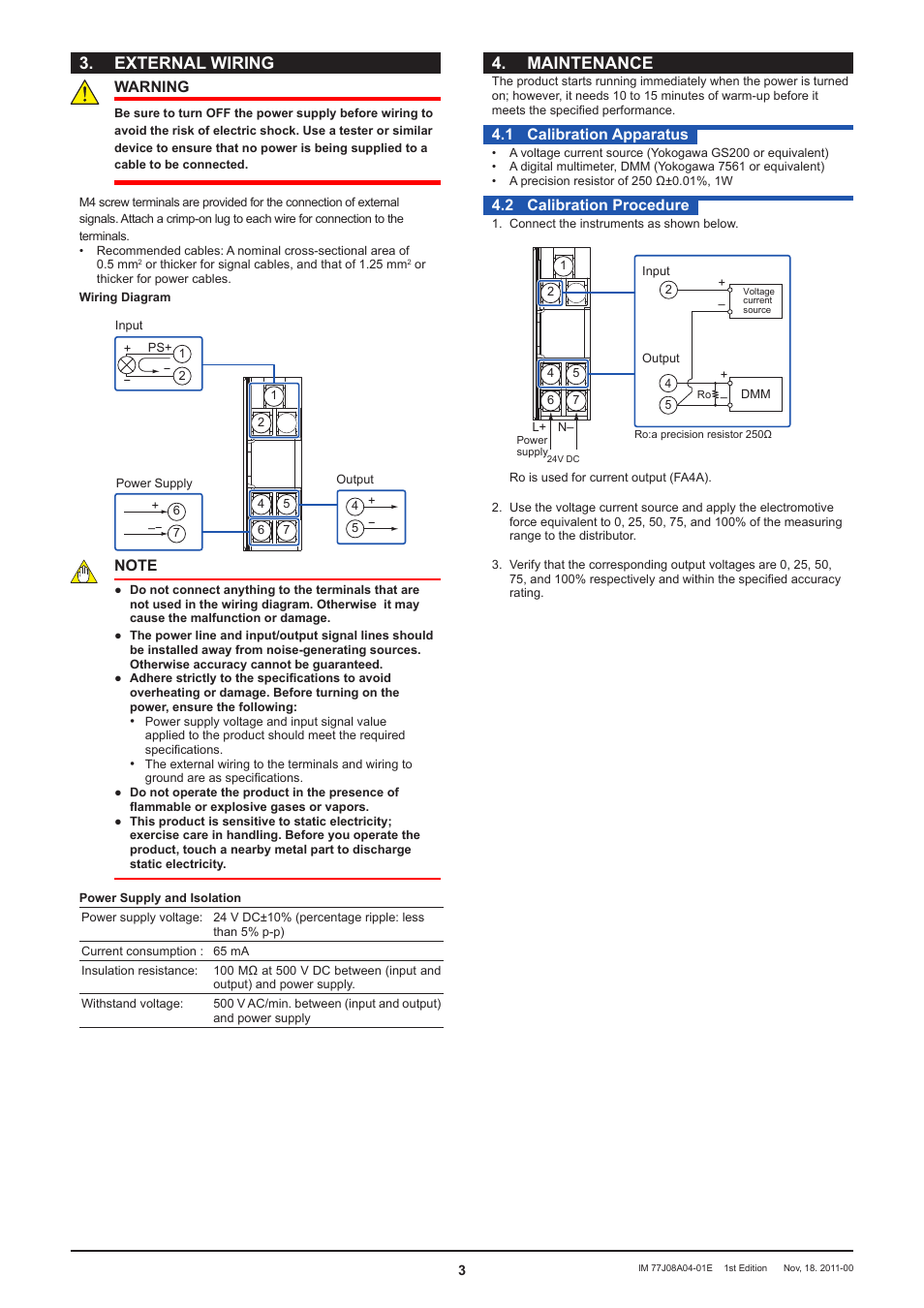 External wiring, Maintenance, Warning | 1 calibration apparatus, 2 calibration procedure | Yokogawa JUXTA FA4V  Distributor (Non-isolated) User Manual | Page 3 / 3