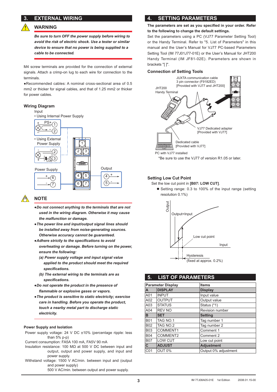 External wiring, Setting parameters, List of parameters | Warning | Yokogawa JUXTA FA5V  Distributor (with Square Root Extractor) User Manual | Page 3 / 4