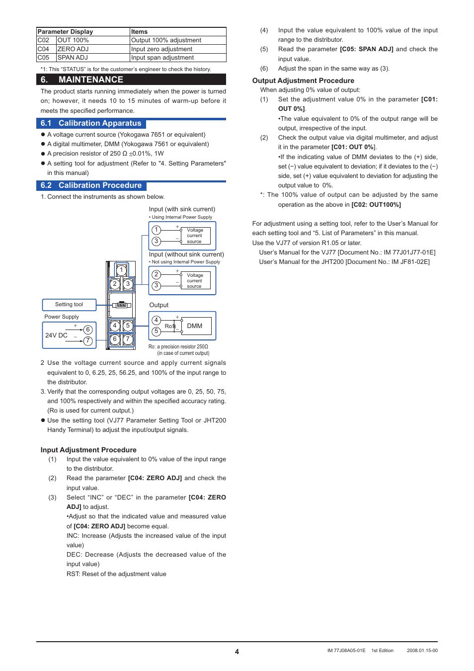 Maintenance,  calibration apparatus, 2 calibration procedure | Yokogawa JUXTA FA5V  Distributor (with Square Root Extractor) User Manual | Page 4 / 4