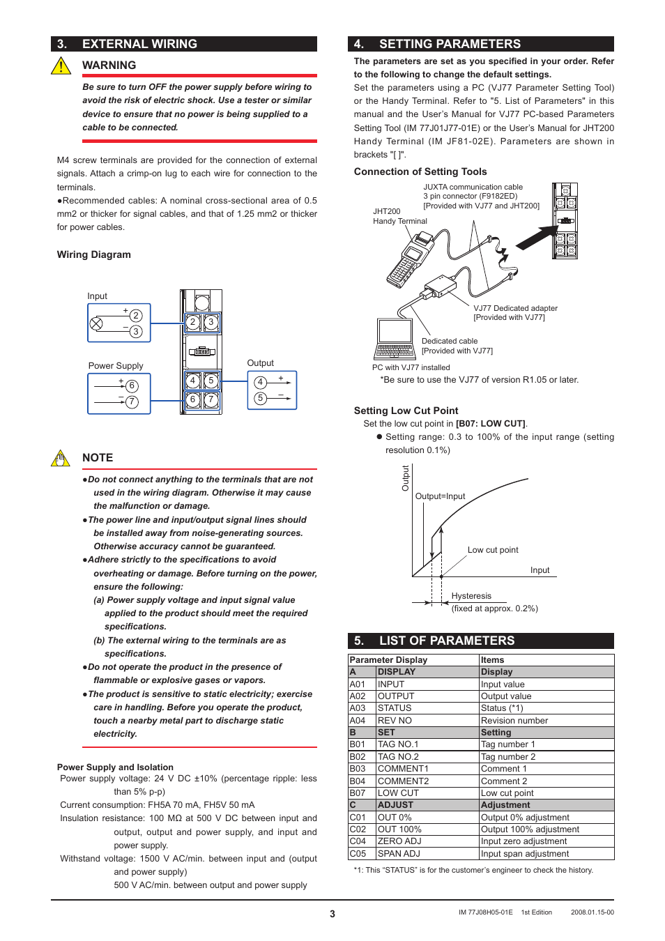 External wiring, Setting parameters, List of parameters | Warning | Yokogawa JUXTA FH5V Isolator (with Square Root Extractor) User Manual | Page 3 / 4