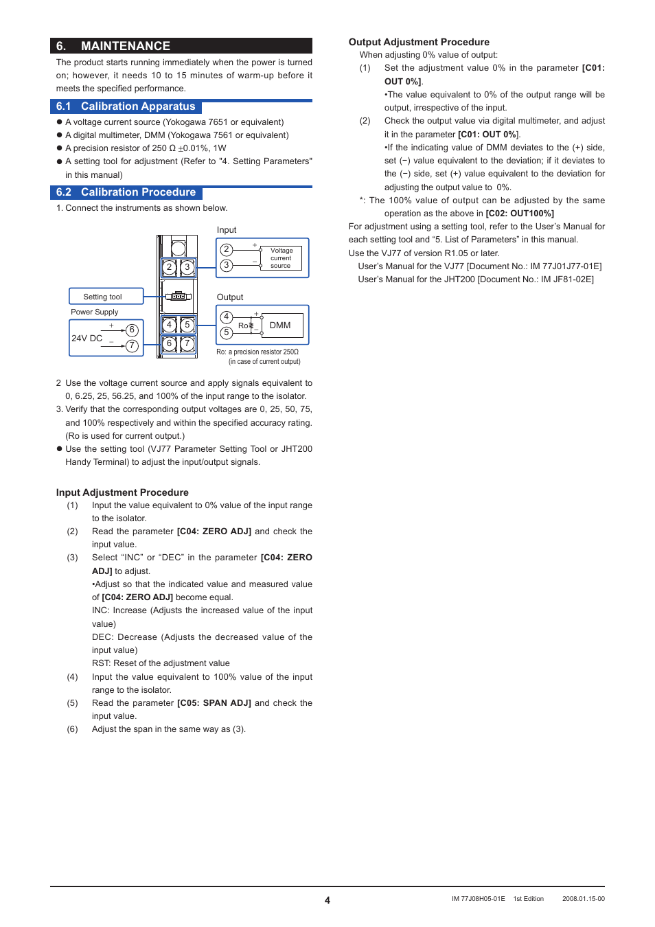 Maintenance,  calibration apparatus, 2 calibration procedure | Yokogawa JUXTA FH5V Isolator (with Square Root Extractor) User Manual | Page 4 / 4