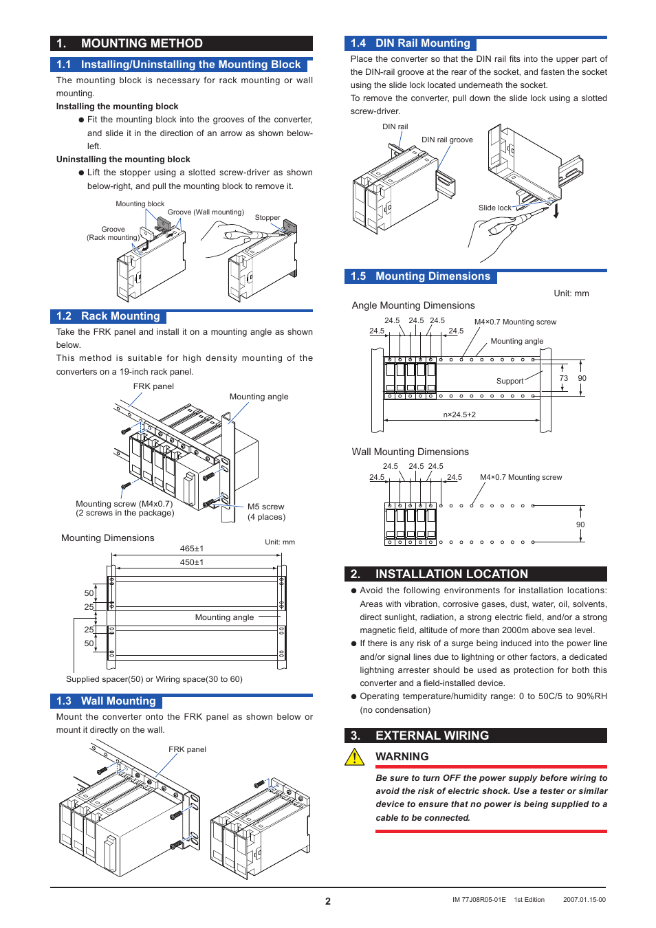 Mounting method, Installation location, External wiring | Installing/uninstalling the mounting block, 2 rack mounting, 3 wall mounting, 4 din rail mounting, 5 mounting dimensions, Warning | Yokogawa JUXTA FR5V RTD Converter (Free Range Type) User Manual | Page 2 / 4