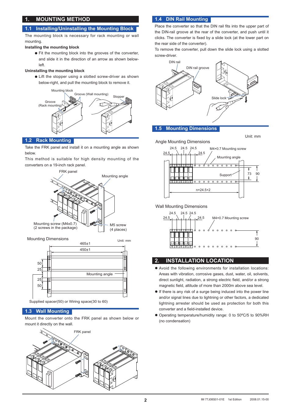 Mounting method, Installation location, Installing/uninstalling the mounting block | 2 rack mounting, 3 wall mounting, 4 din rail mounting, 5 mounting dimensions | Yokogawa JUXTA FS1V Potentiometer Converter User Manual | Page 2 / 4