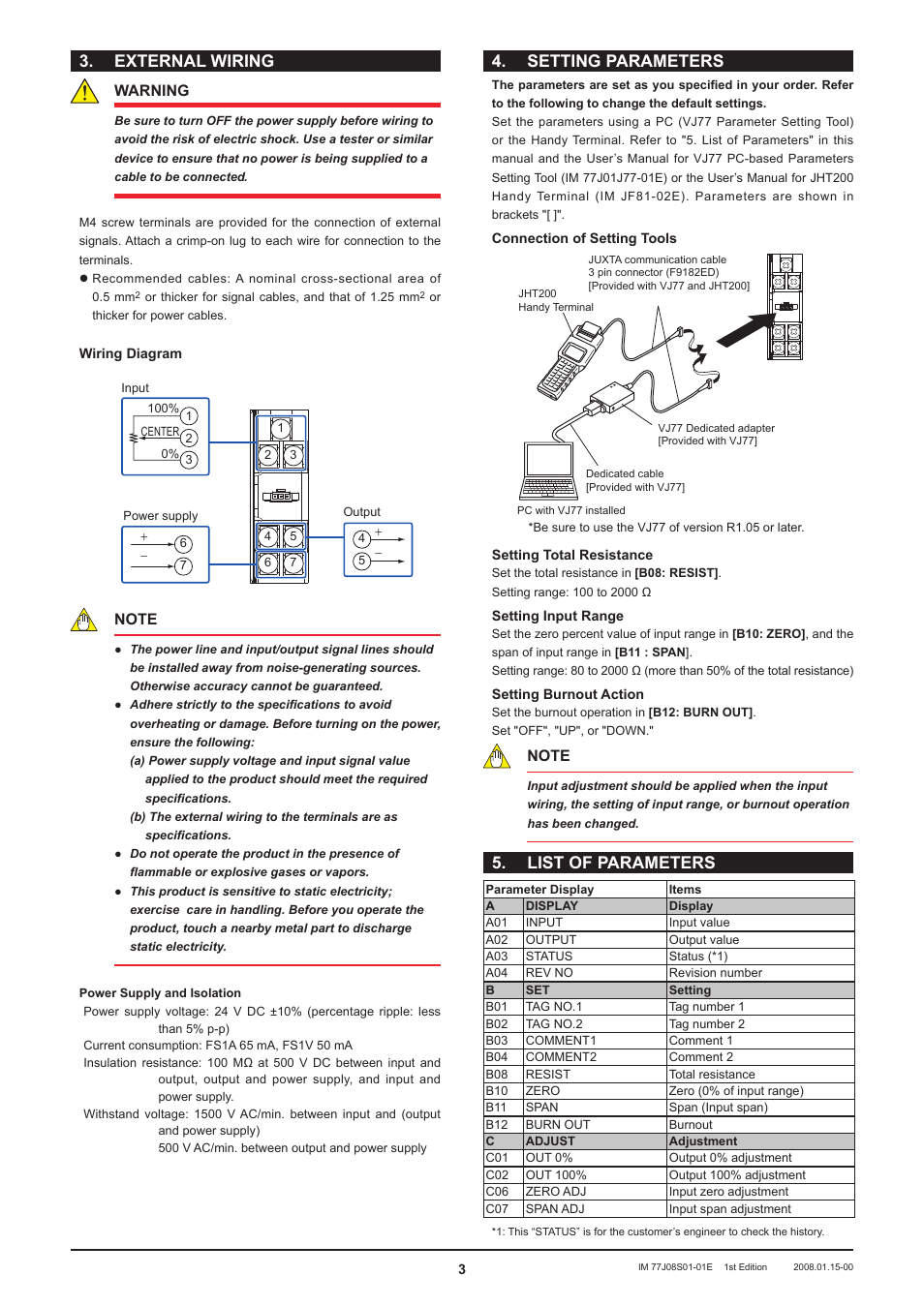 External wiring, Setting parameters, List of parameters | Warning | Yokogawa JUXTA FS1V Potentiometer Converter User Manual | Page 3 / 4