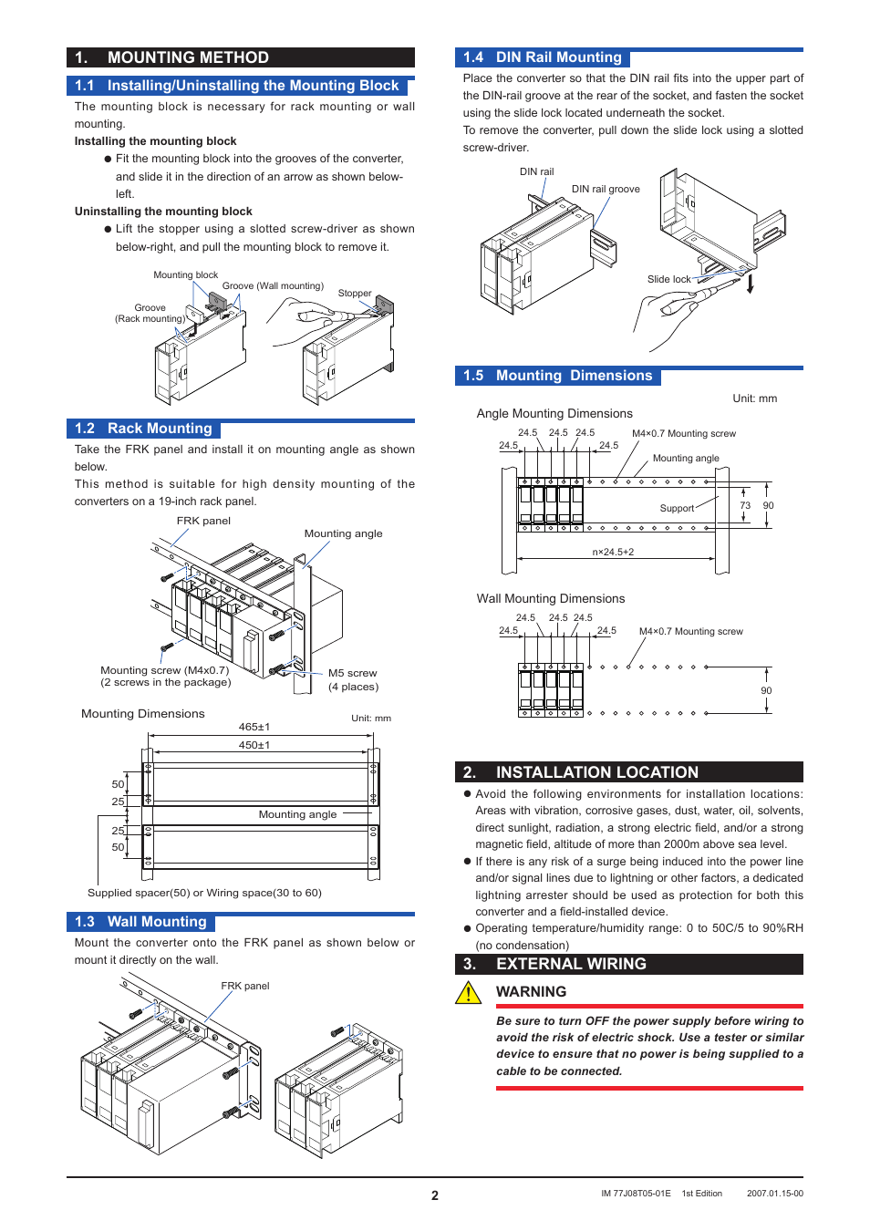 Mounting method, Installation location, External wiring | Installing/uninstalling the mounting block, 2 rack mounting, 3 wall mounting, 4 din rail mounting, 5 mounting dimensions, Warning | Yokogawa JUXTA FT5V Thermocouple Converter (Free Range Type) User Manual | Page 2 / 4