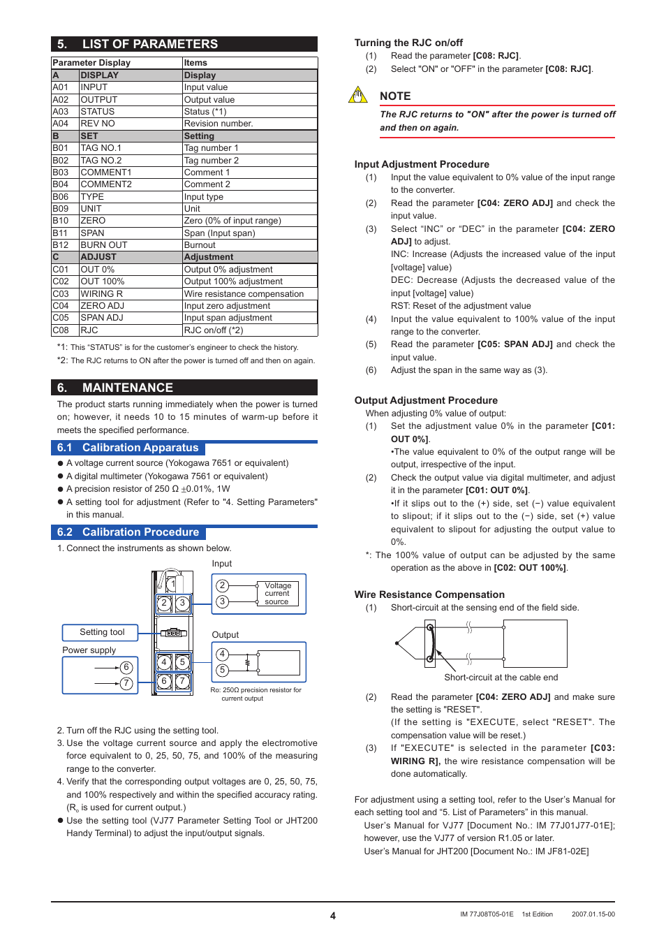 List of parameters, Maintenance,  calibration apparatus | 2 calibration procedure | Yokogawa JUXTA FT5V Thermocouple Converter (Free Range Type) User Manual | Page 4 / 4