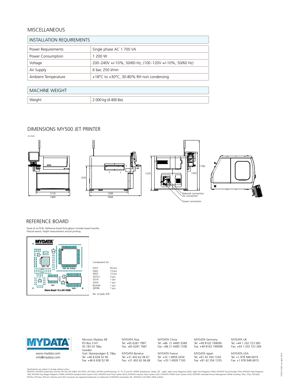 Miscellaneous dimensions my500 jet printer, Reference board, Machine weight | Installation requirements | MYDATA MY500 User Manual | Page 4 / 4