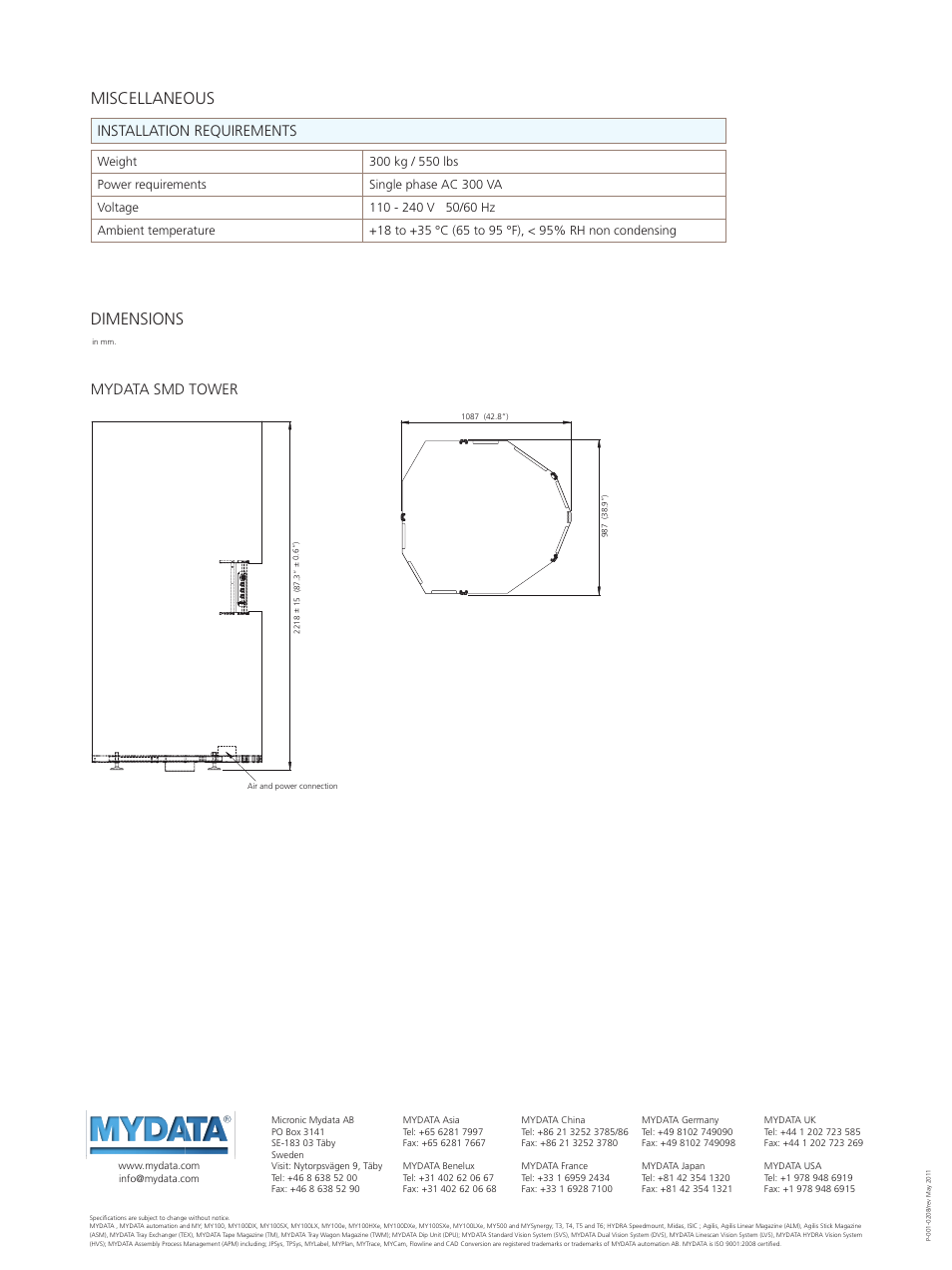 Dimensions, Miscellaneous, Mydata smd tower | Installation requirements | MYDATA SMD Tower 200 User Manual | Page 3 / 3