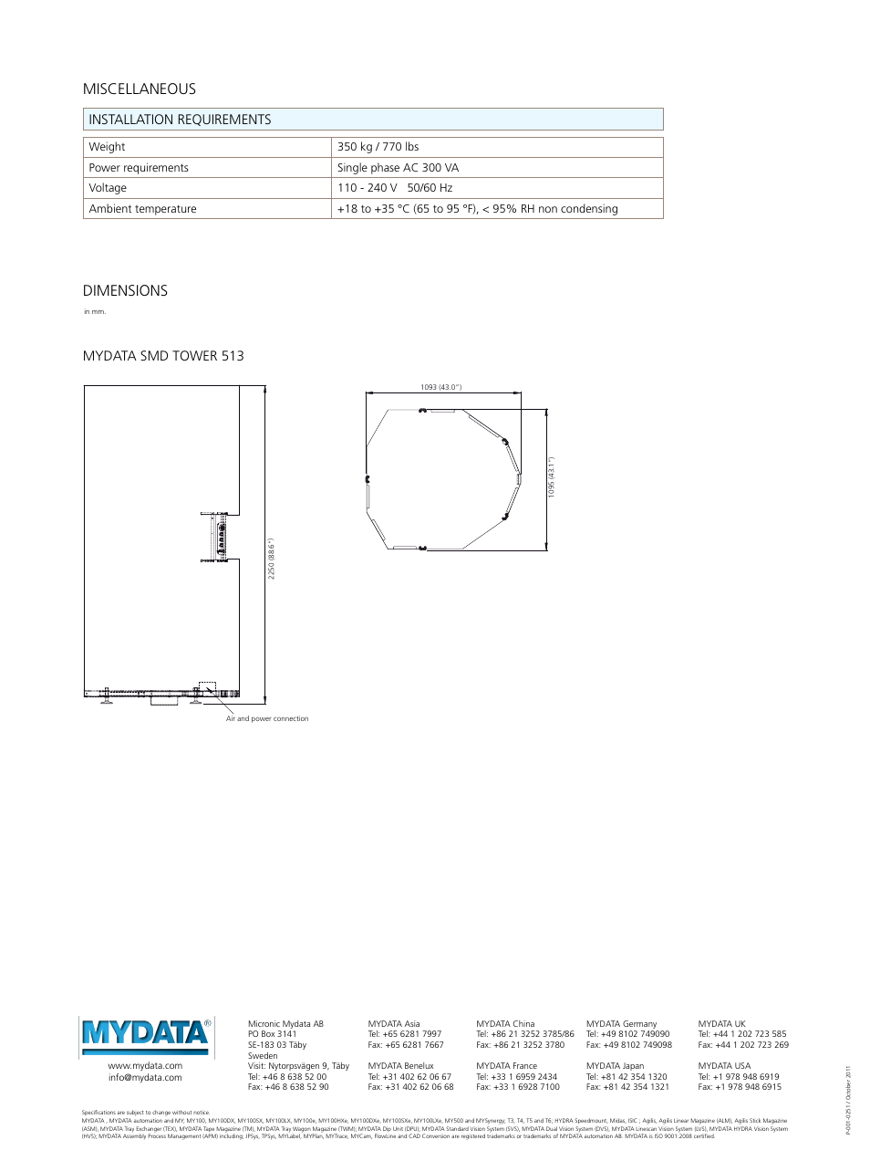 Dimensions, Miscellaneous, Mydata smd tower 513 | Installation requirements | MYDATA SMD Tower 513 User Manual | Page 3 / 3
