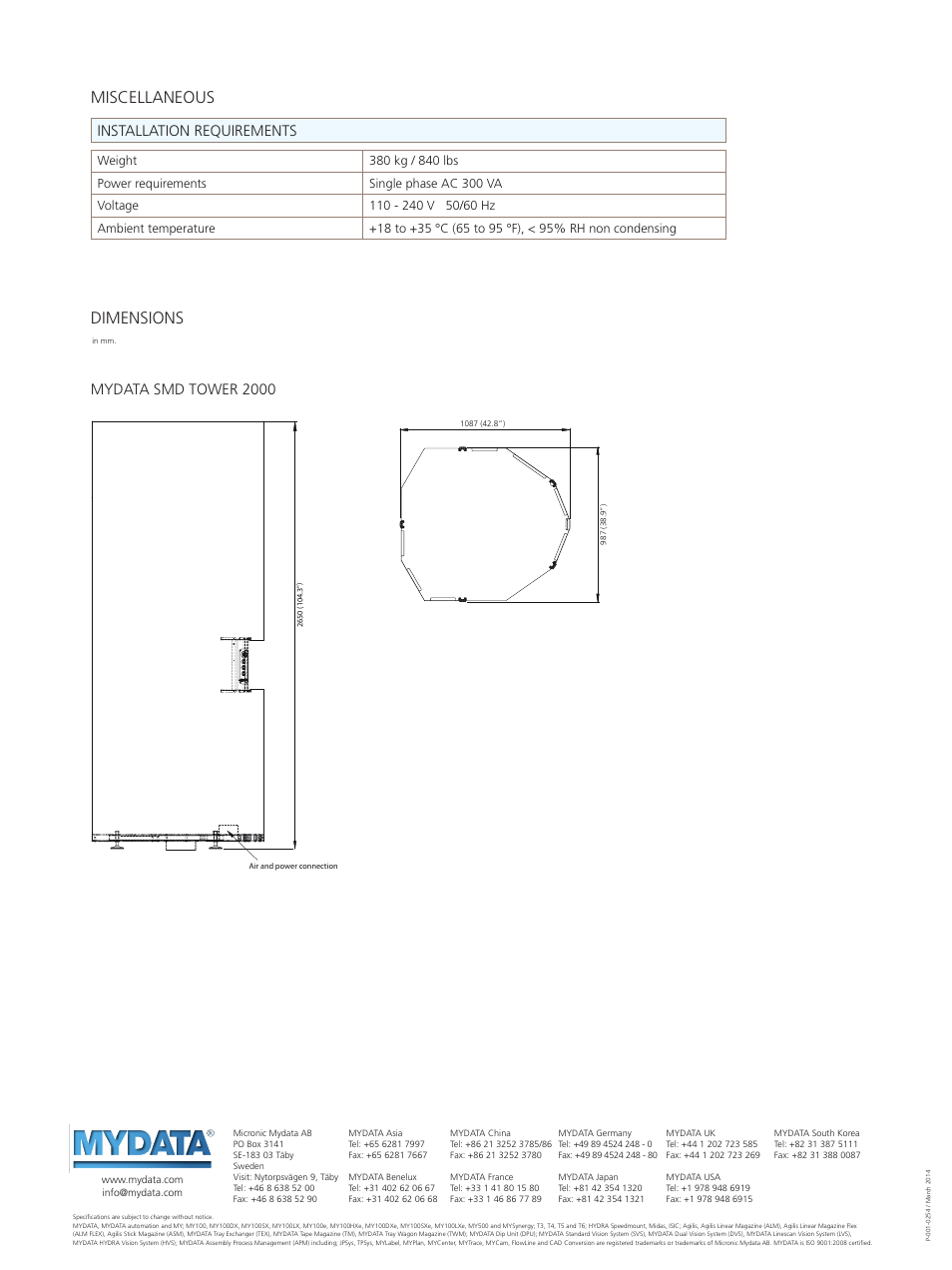 Dimensions, Miscellaneous, Mydata smd tower 2000 | Installation requirements | MYDATA SMD Tower 2000 User Manual | Page 3 / 3