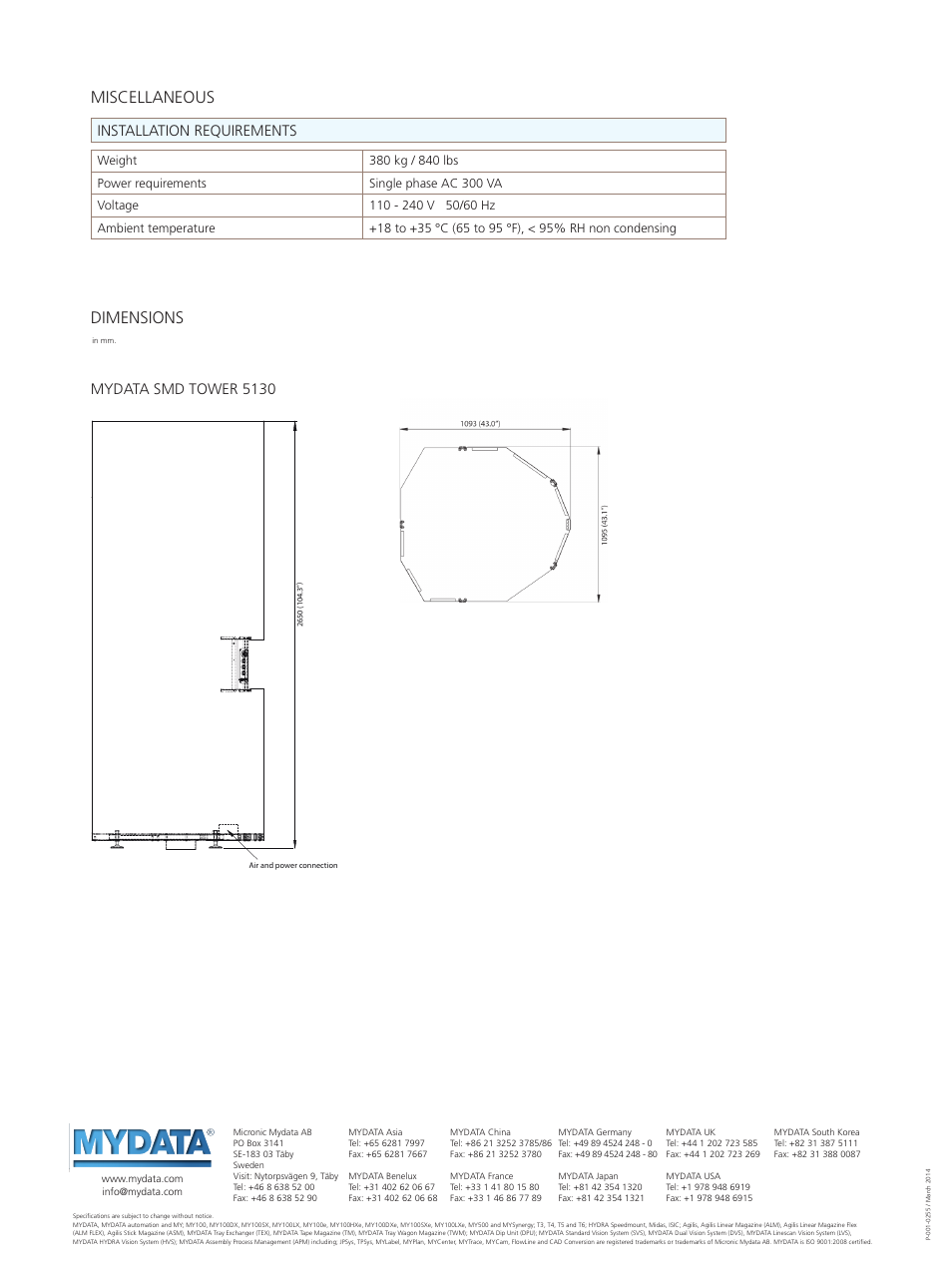 Dimensions, Miscellaneous, Mydata smd tower 5130 | Installation requirements | MYDATA SMD Tower 5130 User Manual | Page 3 / 3