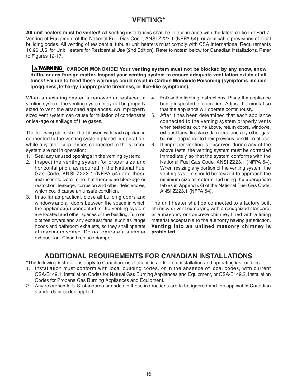 Venting, Additional requirements for canadian installations | Sterling GG User Manual | Page 16 / 40