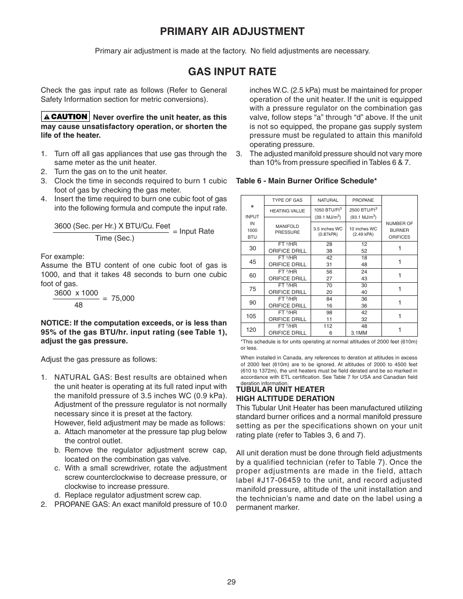 Primary air adjustment, Gas input rate | Sterling GG User Manual | Page 29 / 40