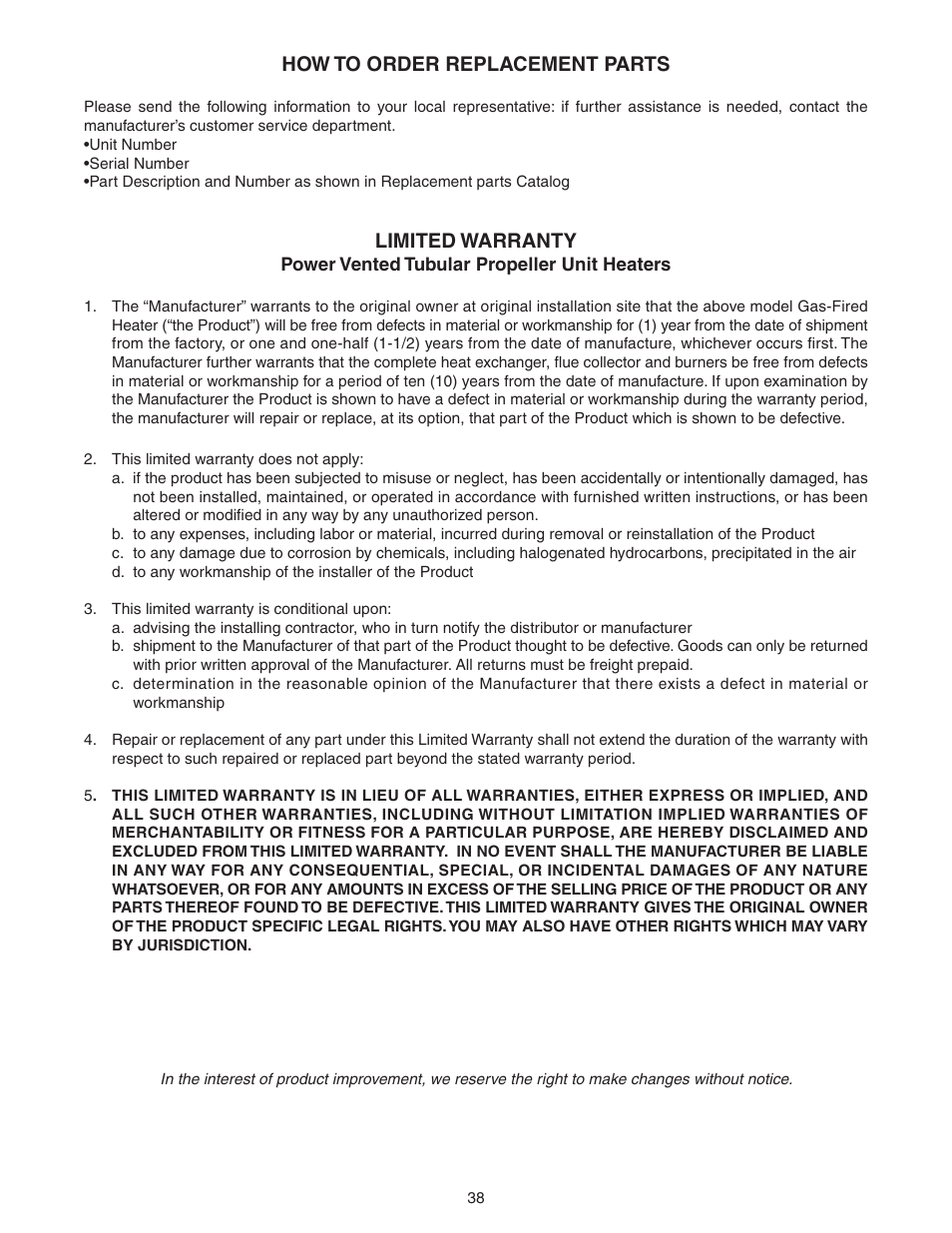 How to order replacement parts, Limited warranty | Sterling GG User Manual | Page 38 / 40