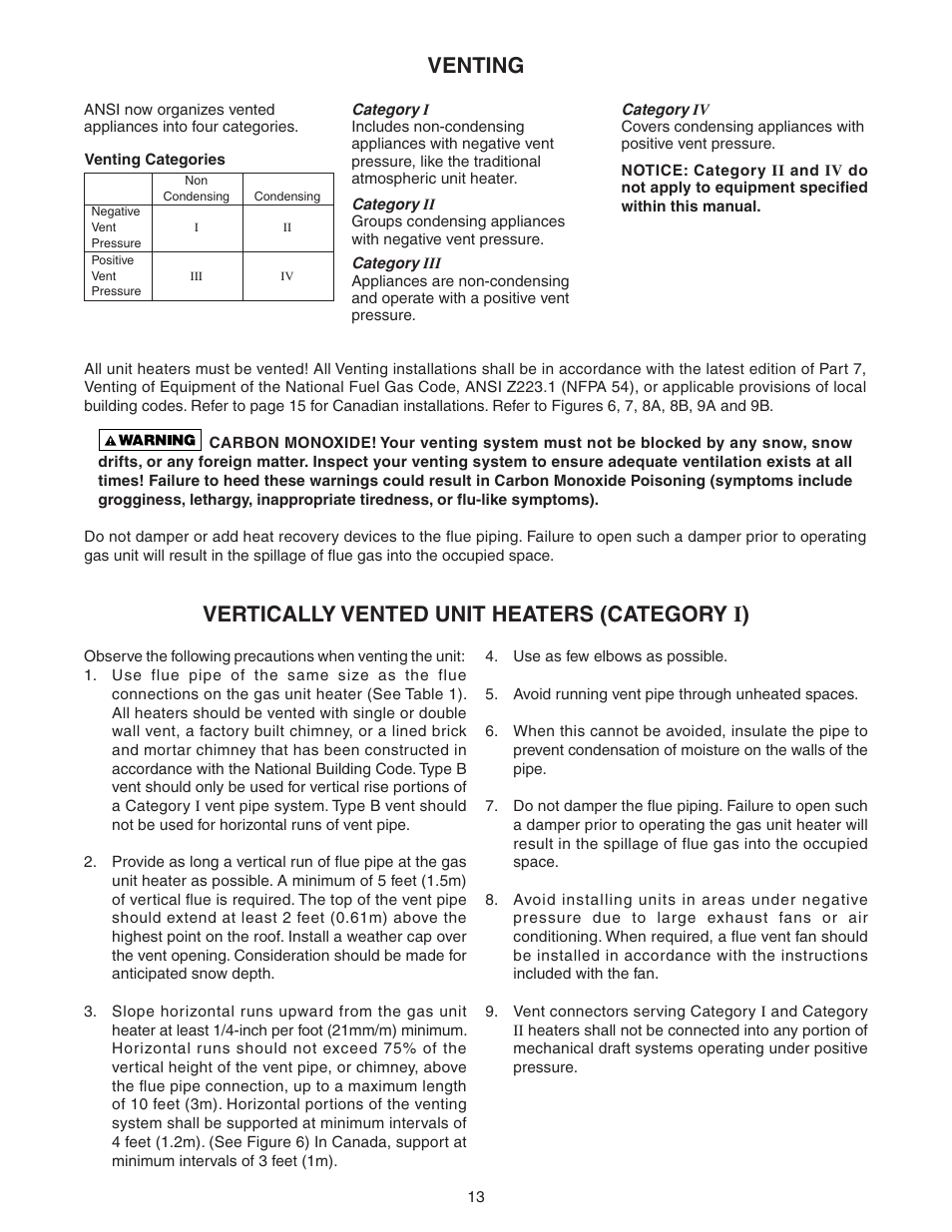 Venting, Vertically vented unit heaters (category i) | Sterling TF User Manual | Page 13 / 32