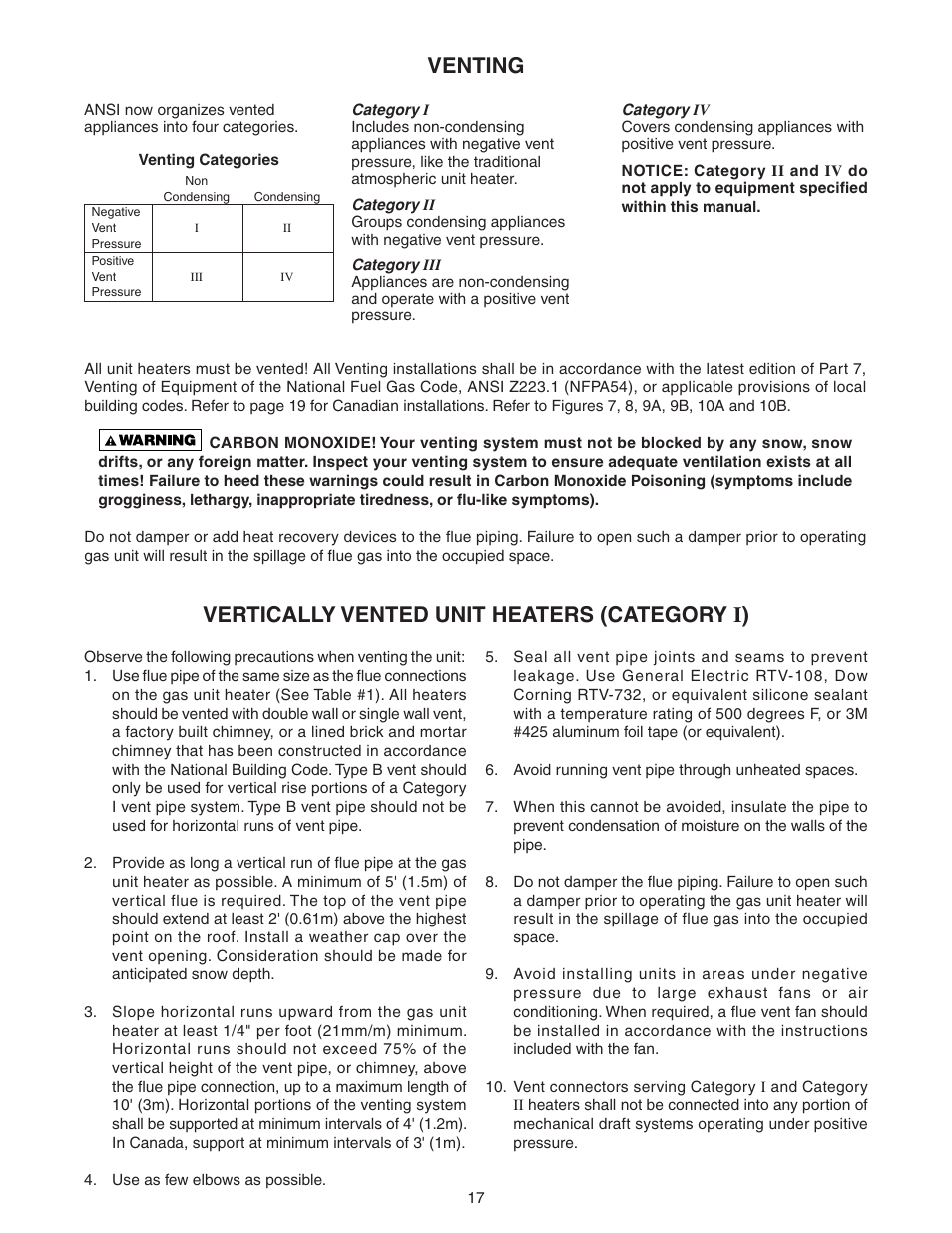 Venting, Vertically vented unit heaters (category i) | Sterling TC User Manual | Page 17 / 36