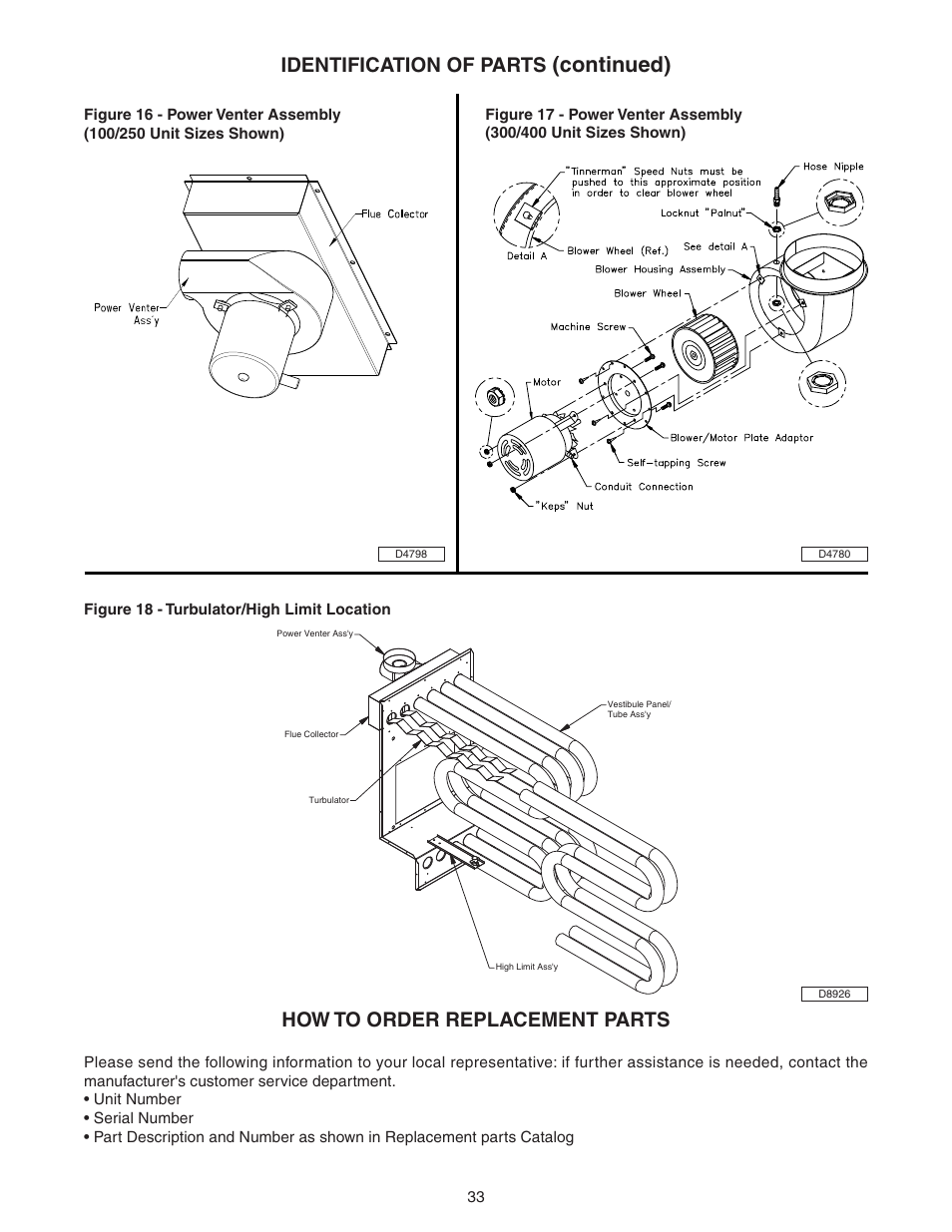 Continued), How to order replacement parts, Identification of parts | Sterling TC User Manual | Page 33 / 36