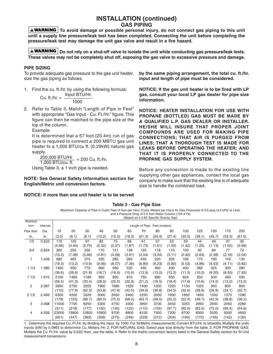 Installation (continued), Gas piping | Sterling TC User Manual | Page 8 / 36