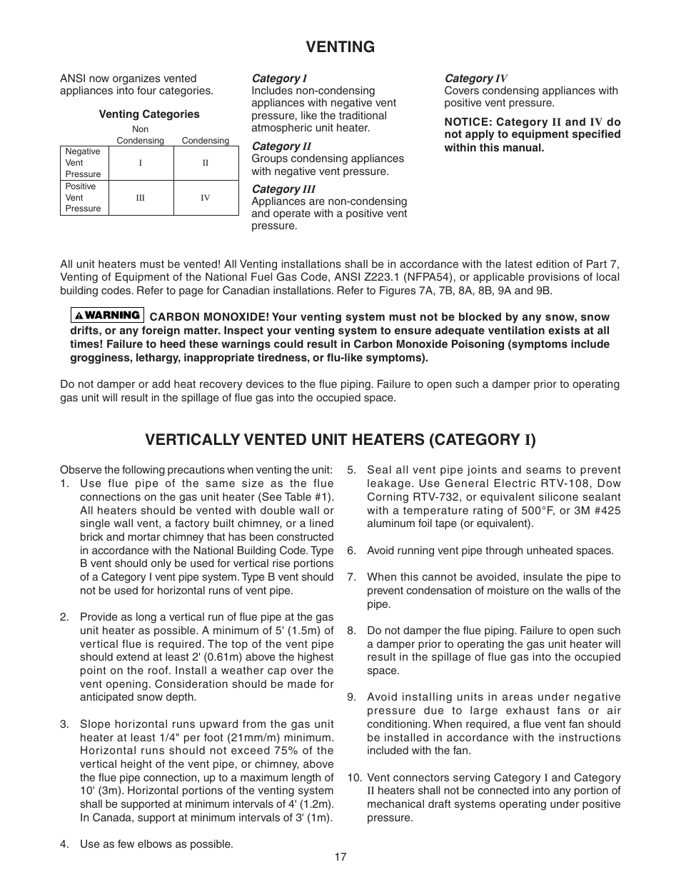Venting, Vertically vented unit heaters (category i) | Sterling SC User Manual | Page 17 / 36
