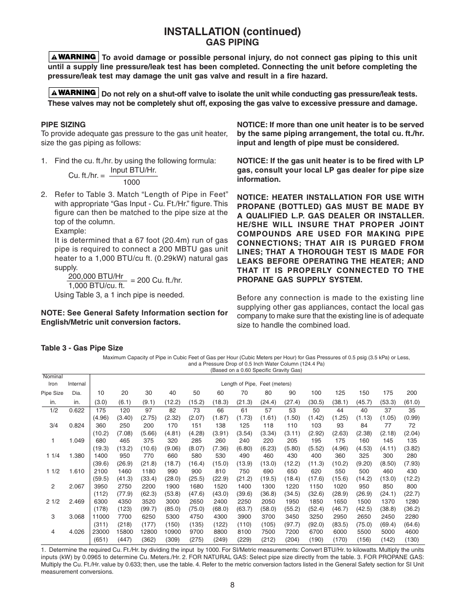 Installation (continued), Gas piping | Sterling SC User Manual | Page 8 / 36