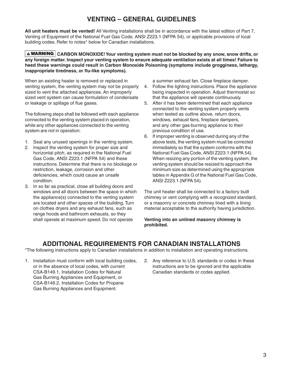 Venting – general guidelines, Additional requirements for canadian installations | Sterling SF User Manual | Page 3 / 8