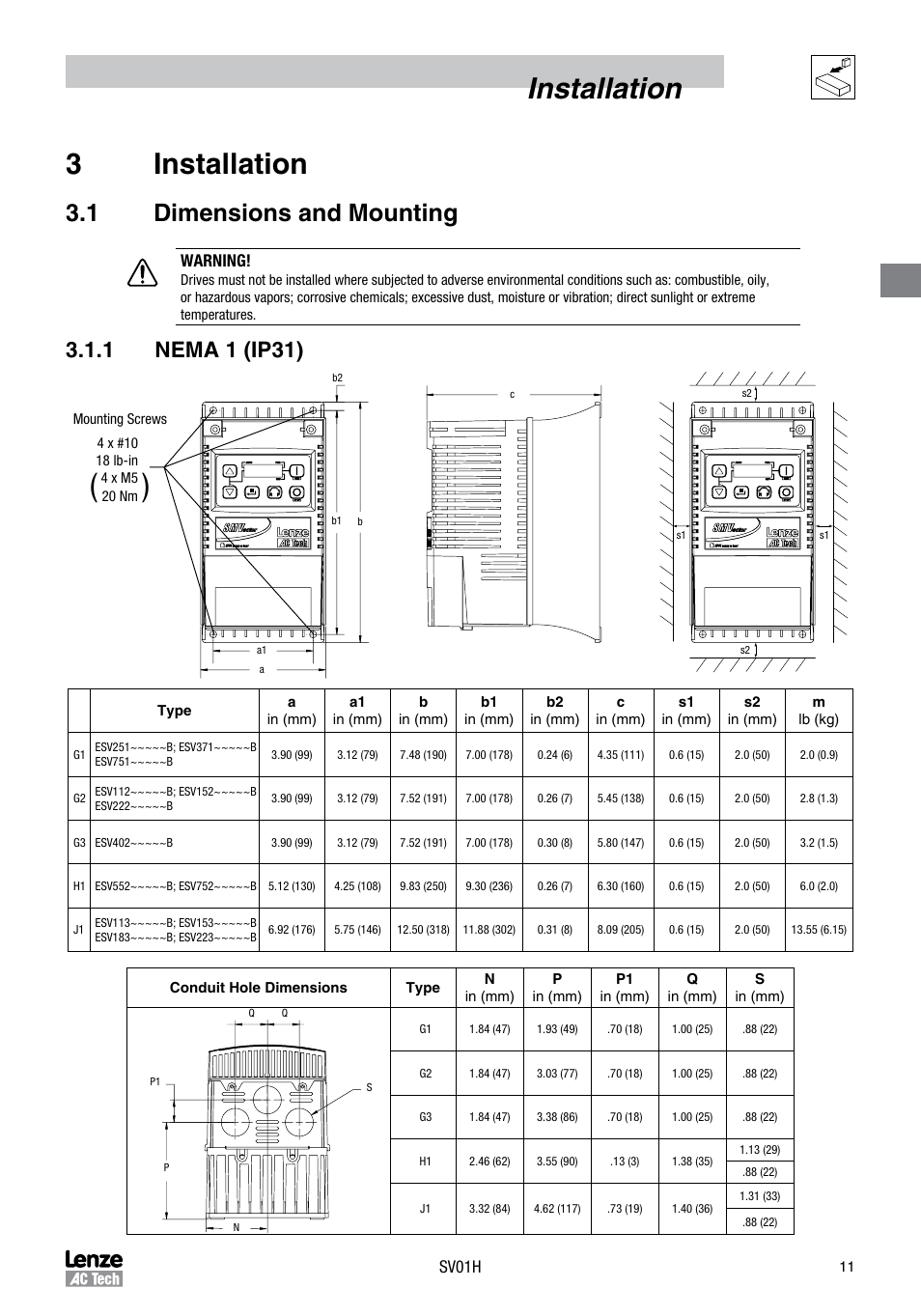 Installation 3 installation, 1 dimensions and mounting, 1 nema 1 (ip31) | Sterling RT User Manual | Page 12 / 50