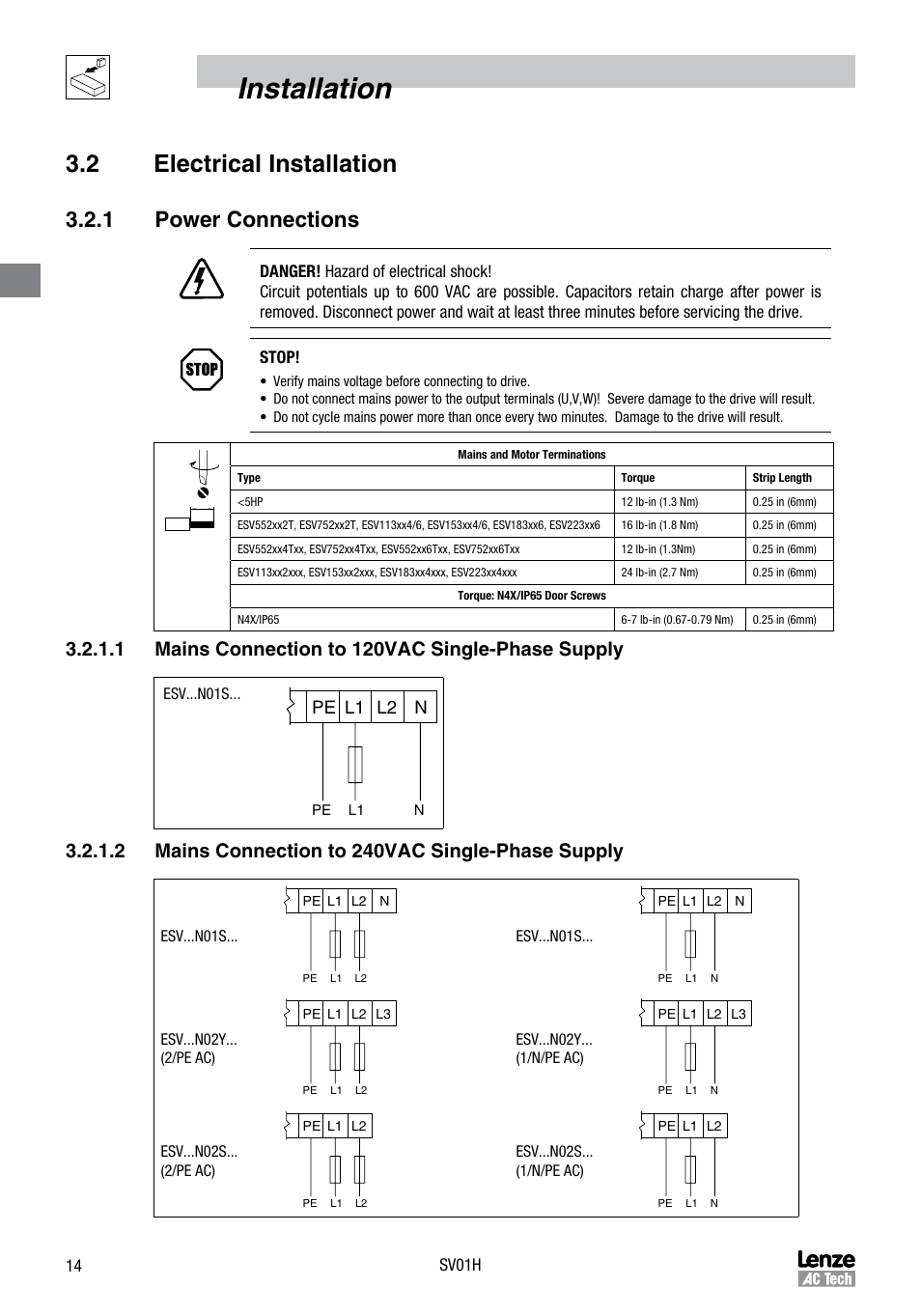 Installation, 2 electrical installation, 1 power connections | 1 mains connection to 120vac single-phase supply, 2 mains connection to 240vac single-phase supply | Sterling RT User Manual | Page 15 / 50