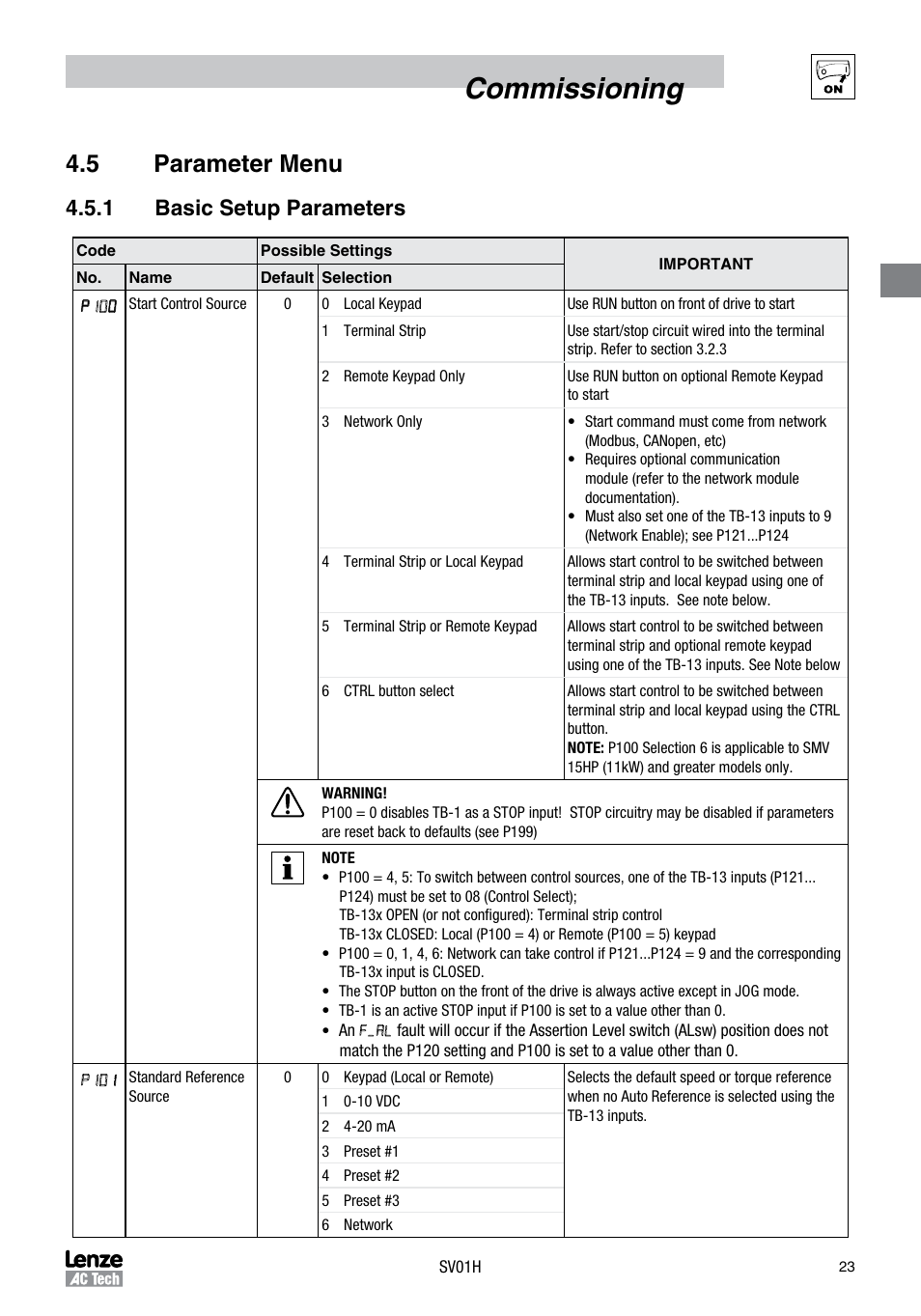 Commissioning, 5 parameter menu, 1 basic setup parameters | Sterling RT User Manual | Page 24 / 50
