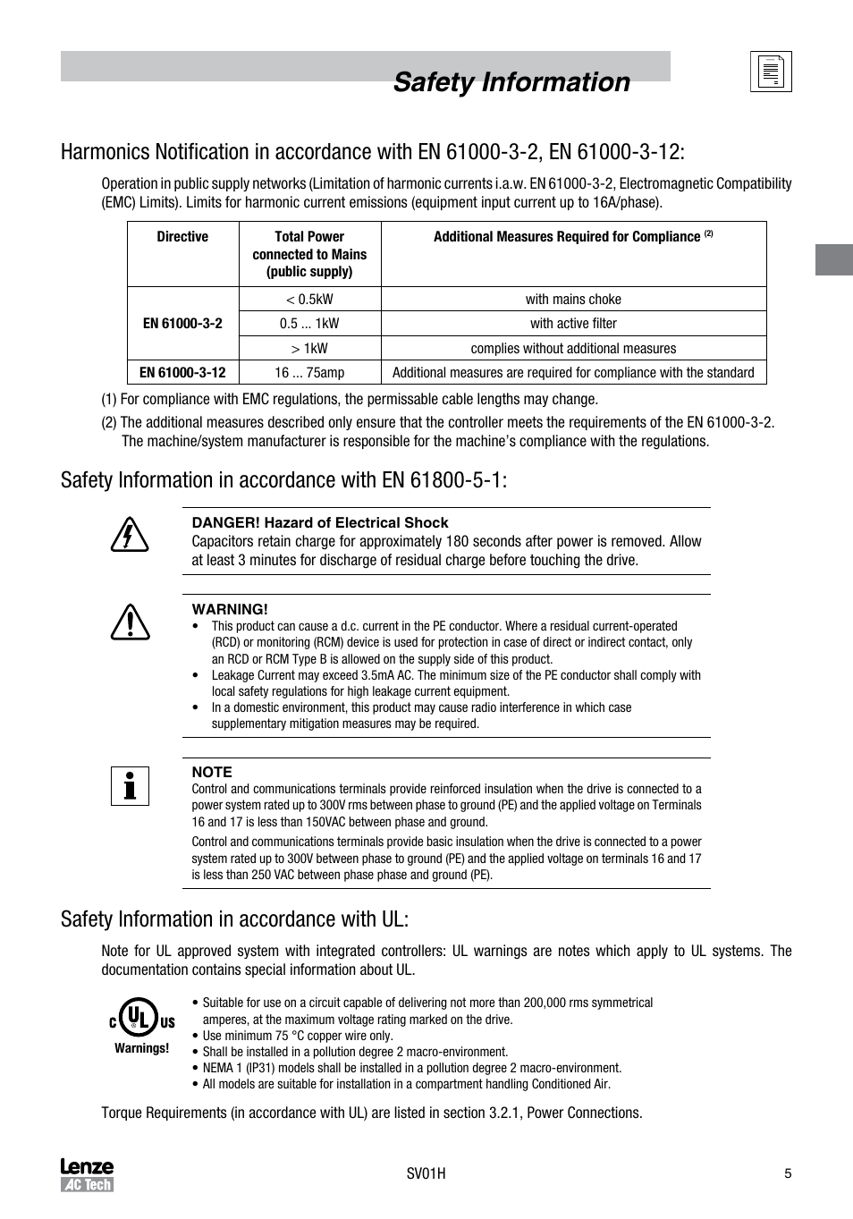 Safety information, Safety information in accordance with ul | Sterling RT User Manual | Page 6 / 50