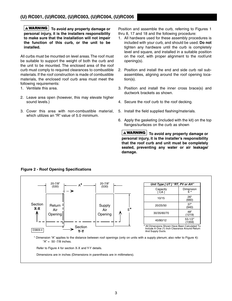 Curb specifications, Roof openings | Sterling RT User Manual | Page 3 / 24