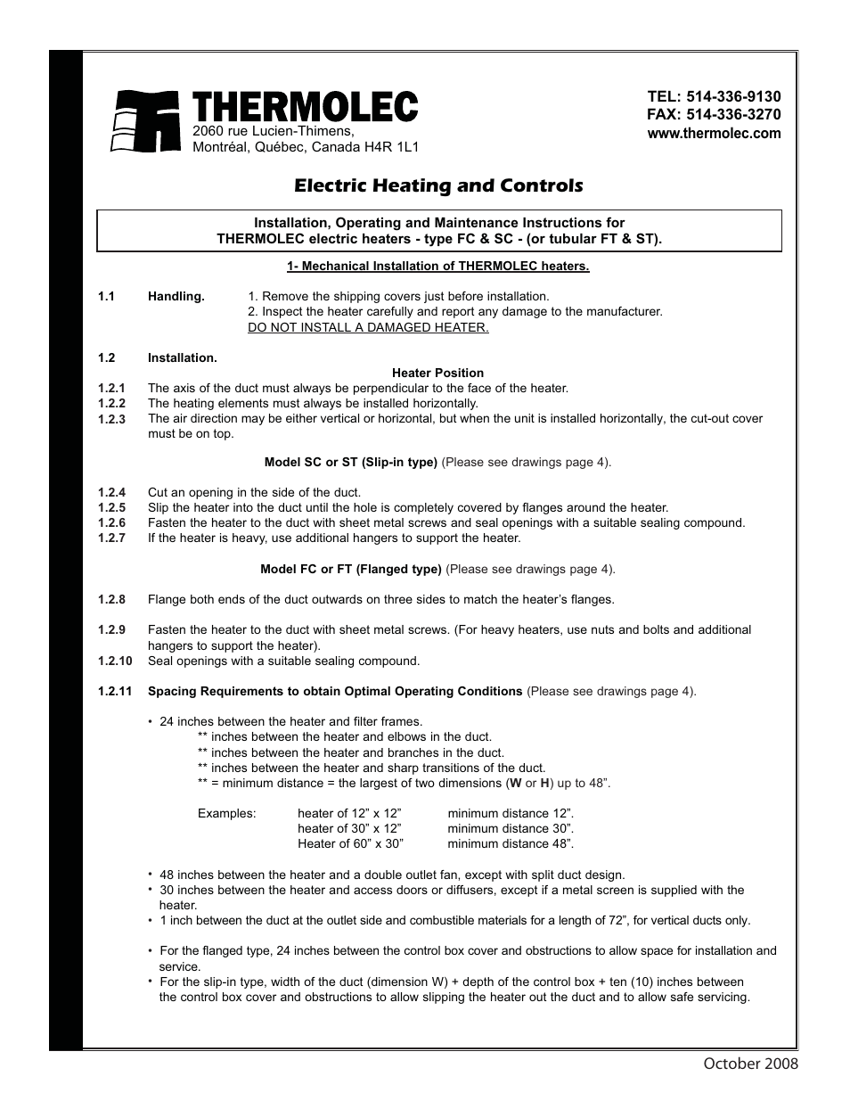 Thermolec Open coil heaters User Manual | 4 pages