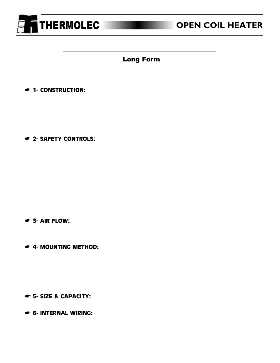 Open coil heater specification, Specification for open coil heaters - long form, Thermolec | Open coil heaters, Open coil heater, Long form | Thermolec Application &Technical Notes User Manual | Page 39 / 73