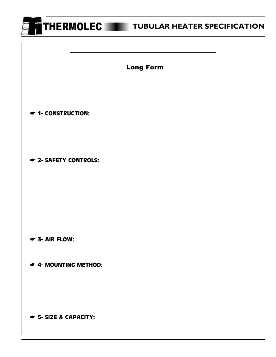 Tubular heater specification, Specification for tubular heaters - long form, Thermolec | Tubular heaters | Thermolec Application &Technical Notes User Manual | Page 43 / 73
